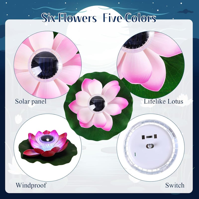 VIHOSE 6 Pcs Solar Floating Pond Lights Waterproof Solar Lotus Floating LED with 10 Pcs Lily Pads Swimming Pool Pond Flower Night Lights for Patio Garden Pool Outdoor Party Decorations - Image 3